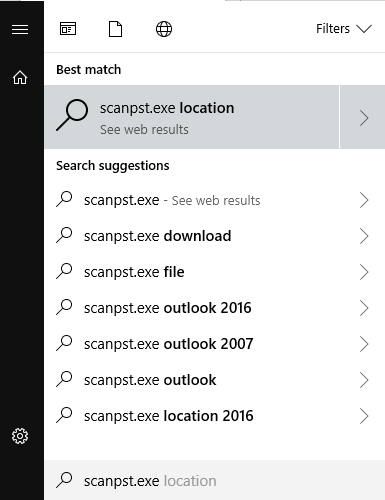 default search for scanpst windows 10